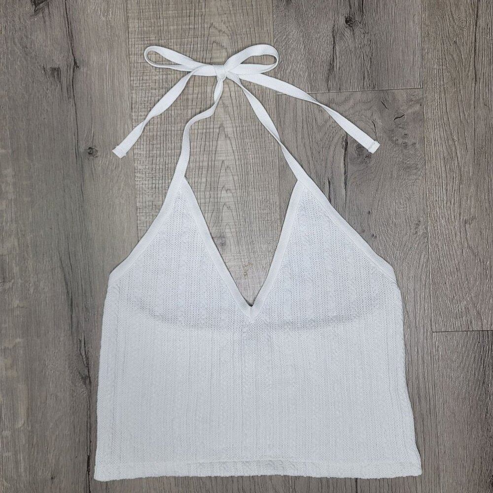 Zara White cable Knit Halter Top Size L Women's Summer Sleeveless Backless Shirt